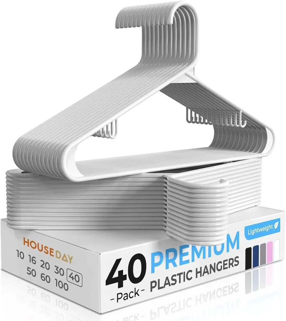 White Plastic Hangers 40 Pack, Built-in Strap Hooks, Space Saving Slim Hanger